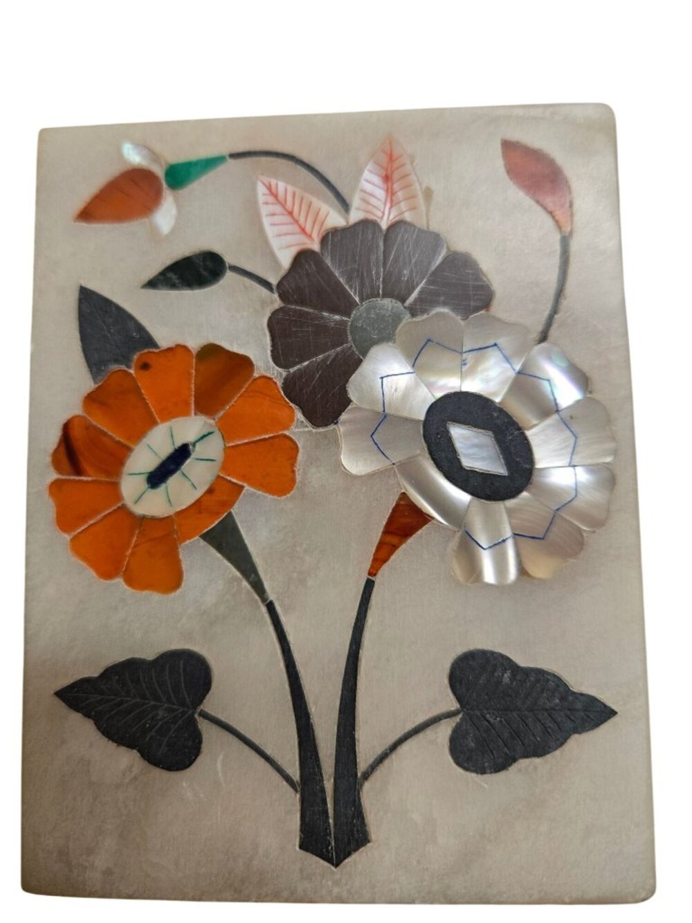 Vintage‎ Pietra Dura Stone Inlay Box Hand Carved Floral Trinket Mother of Pearl